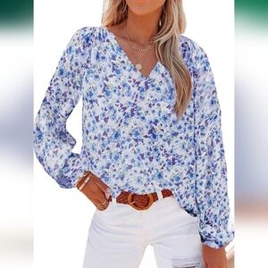 Womens Floral V-Neck Boho Blouse - Long Sleeve, Loose Fit